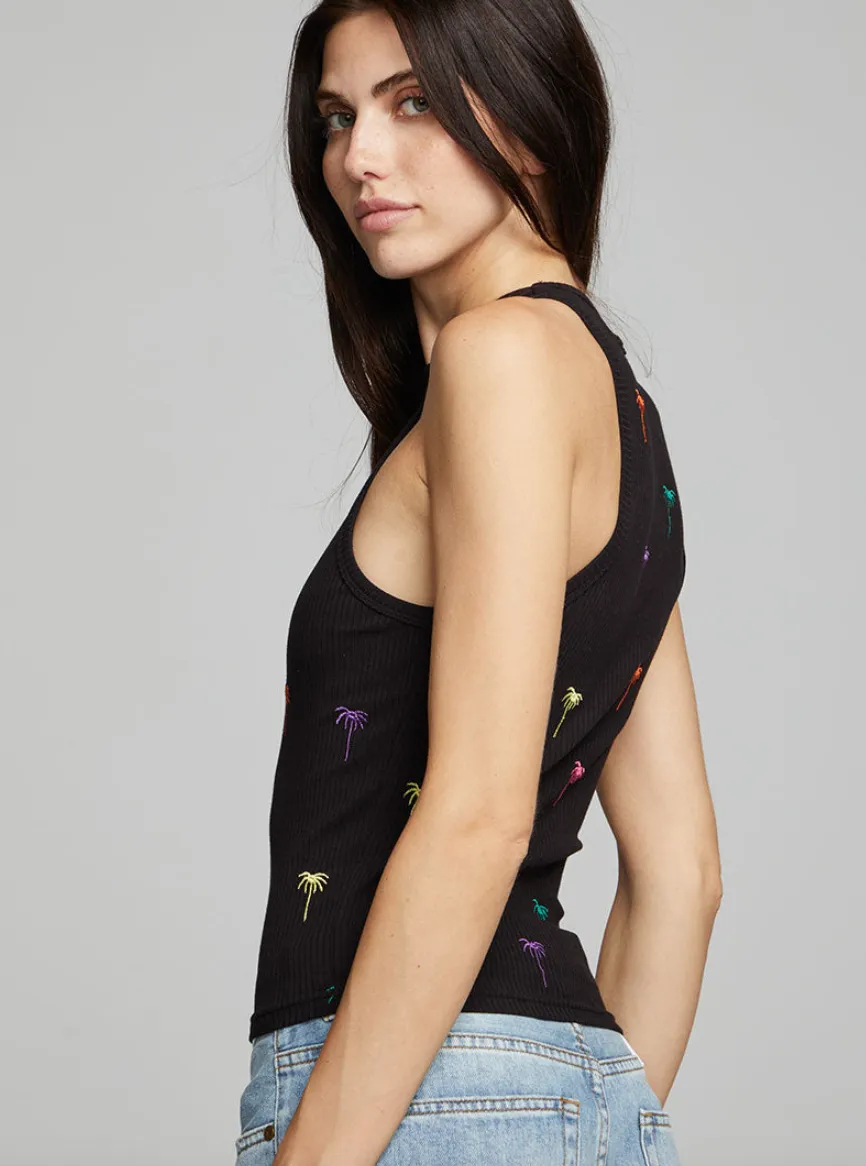 Chaser - Neon Palms Ribbed Tank Top - Black