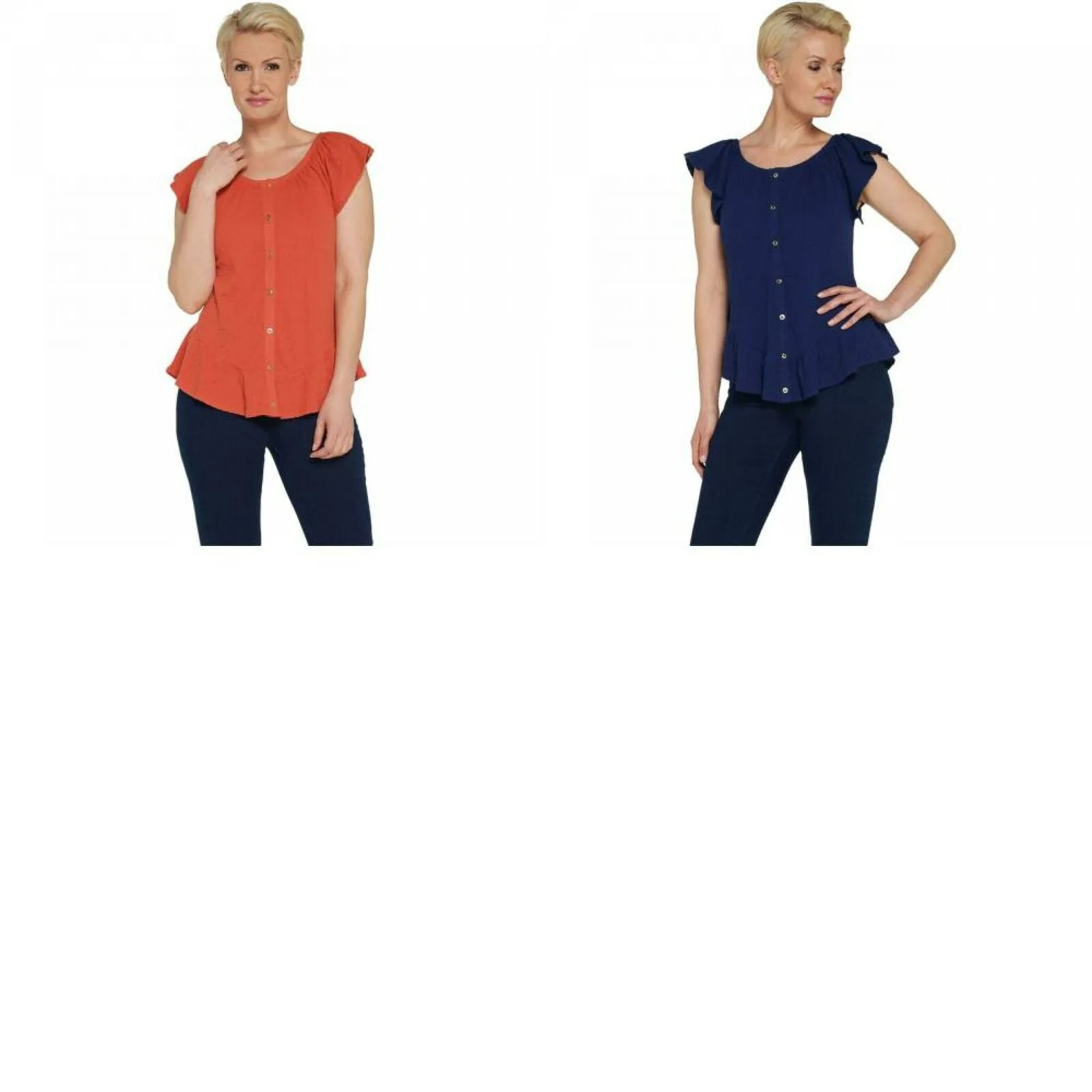 Du Jour Women's Button Front Textured Knit Top With Ruffle Detail