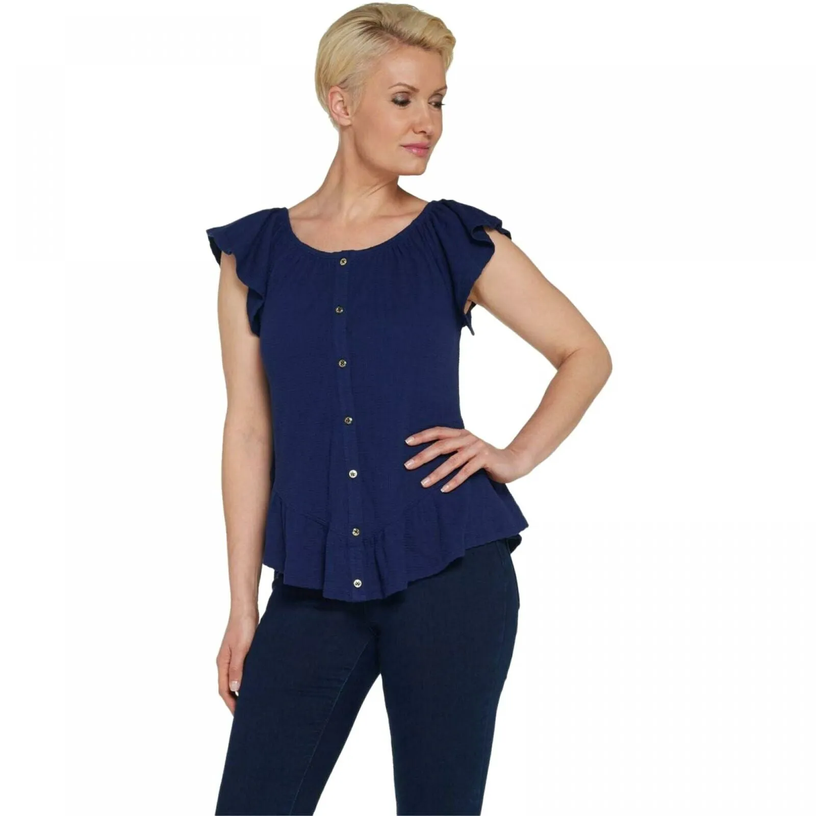 Du Jour Women's Button Front Textured Knit Top With Ruffle Detail