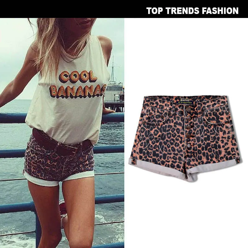 High Waist Curled Ladies Leopard Print Denim Shorts