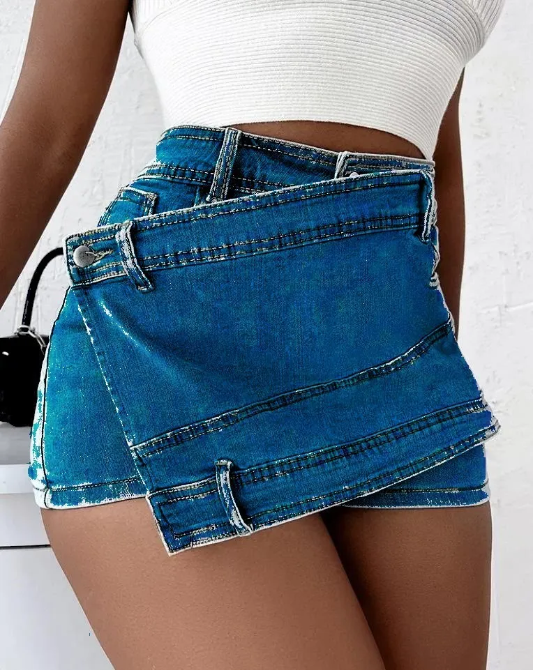 Overlap Waist Wrap Denim Shorts