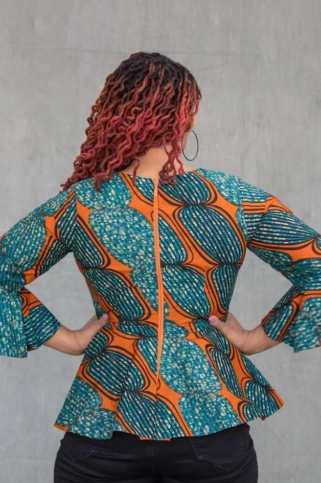 Shekiri Top- Peplum- Orange and Torquoiuse
